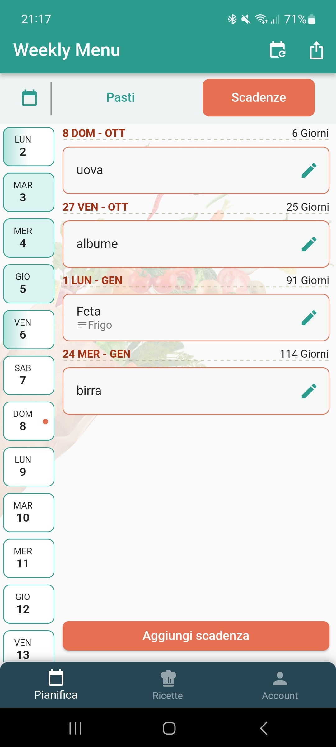 Screenshot della sezione alimenti in scadenza dell'app Weekly Menu
